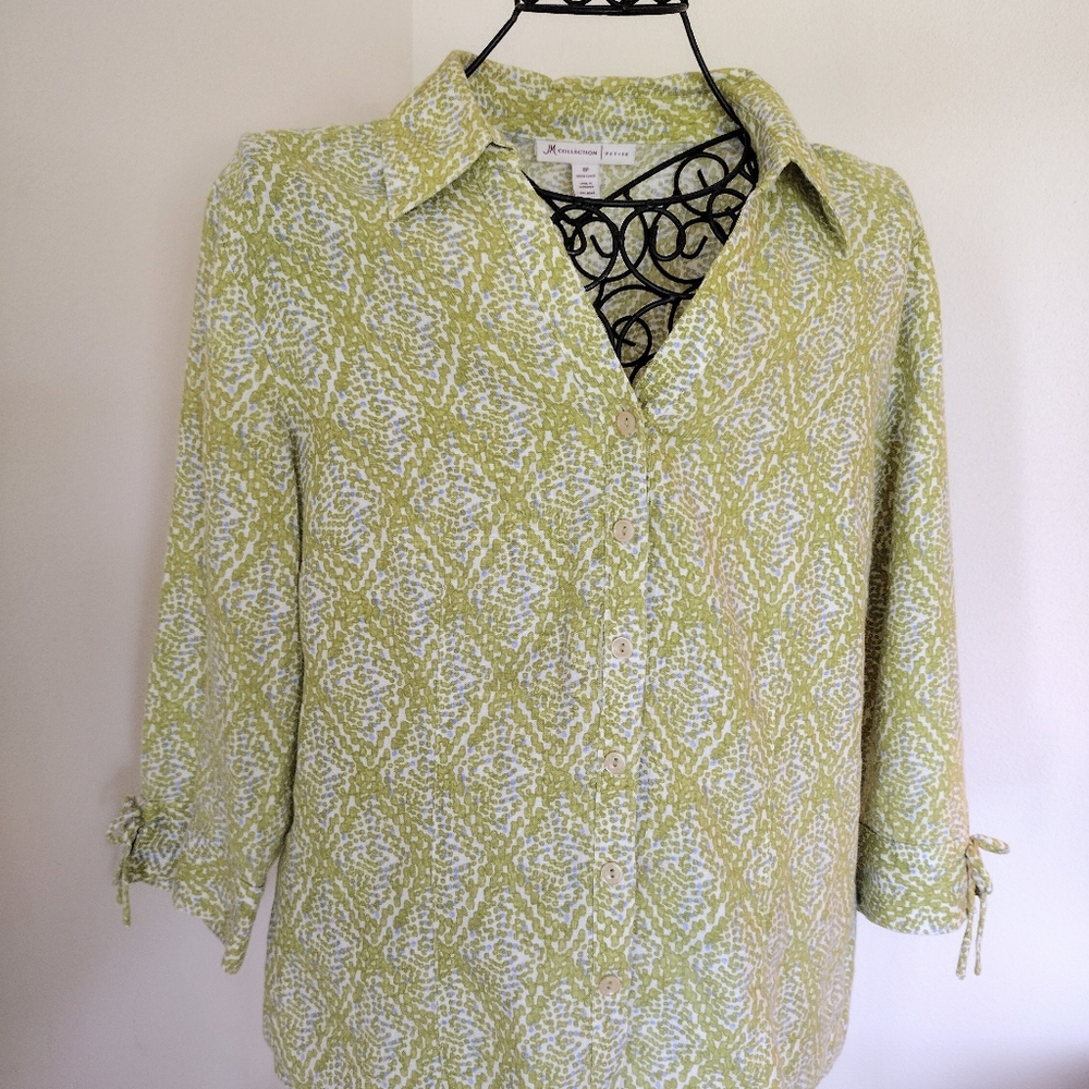 JM Collection Lime Green Linen Button Down Shirt 8 Petite